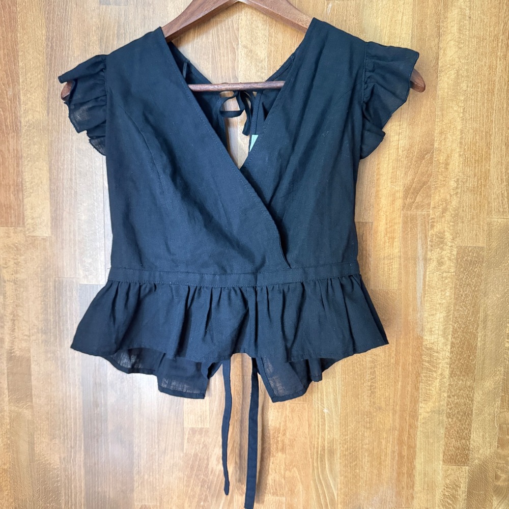 Favlux Fashion Black Cotton Ruffle Wrap Peplum Top Open Tie Back FL19G238 Medium